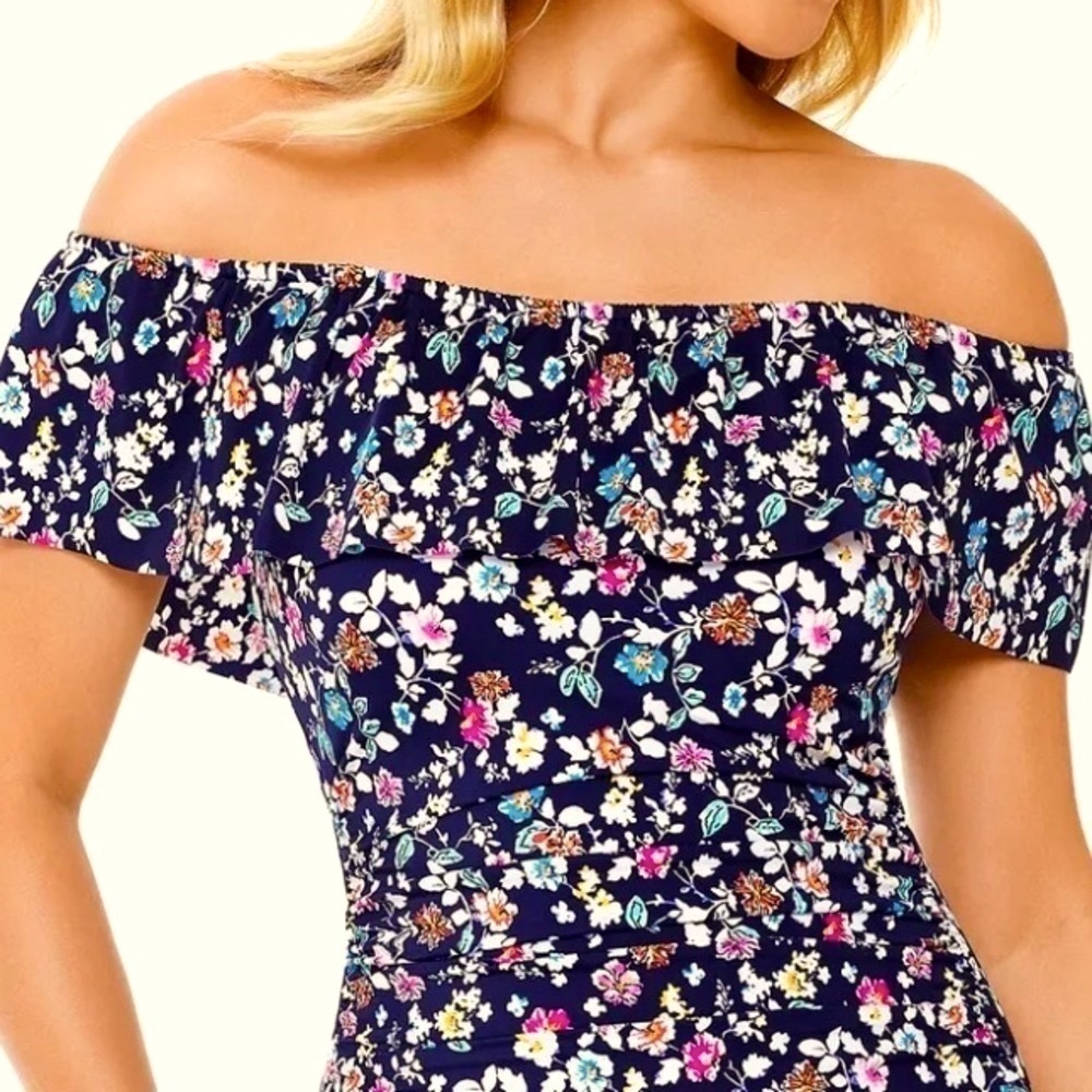 Swim Solutions Navy Blue Off-The-Shoulder One-Piece Swimsuit - Picture 3 of 7